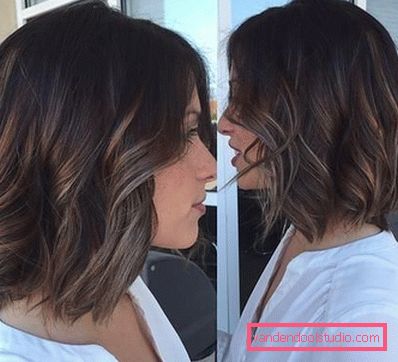 Shatush on dark hair of medium length view from different sides