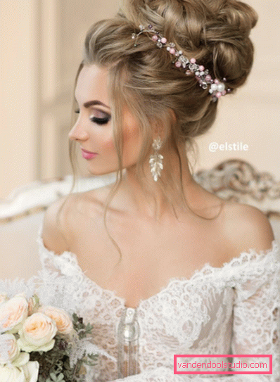 Wedding hairstyle high and low bun with a veil and without it
