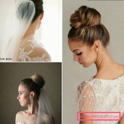 Wedding hairstyle high and low bun with a veil and without it